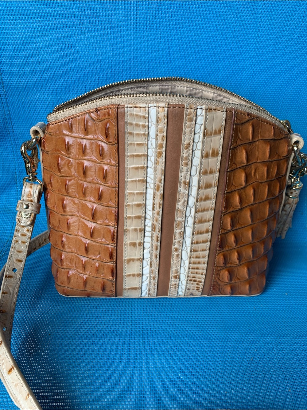 Brahmin Brown Croc-Embossed Crossbody with Cream Stripe Details. lip stick stain